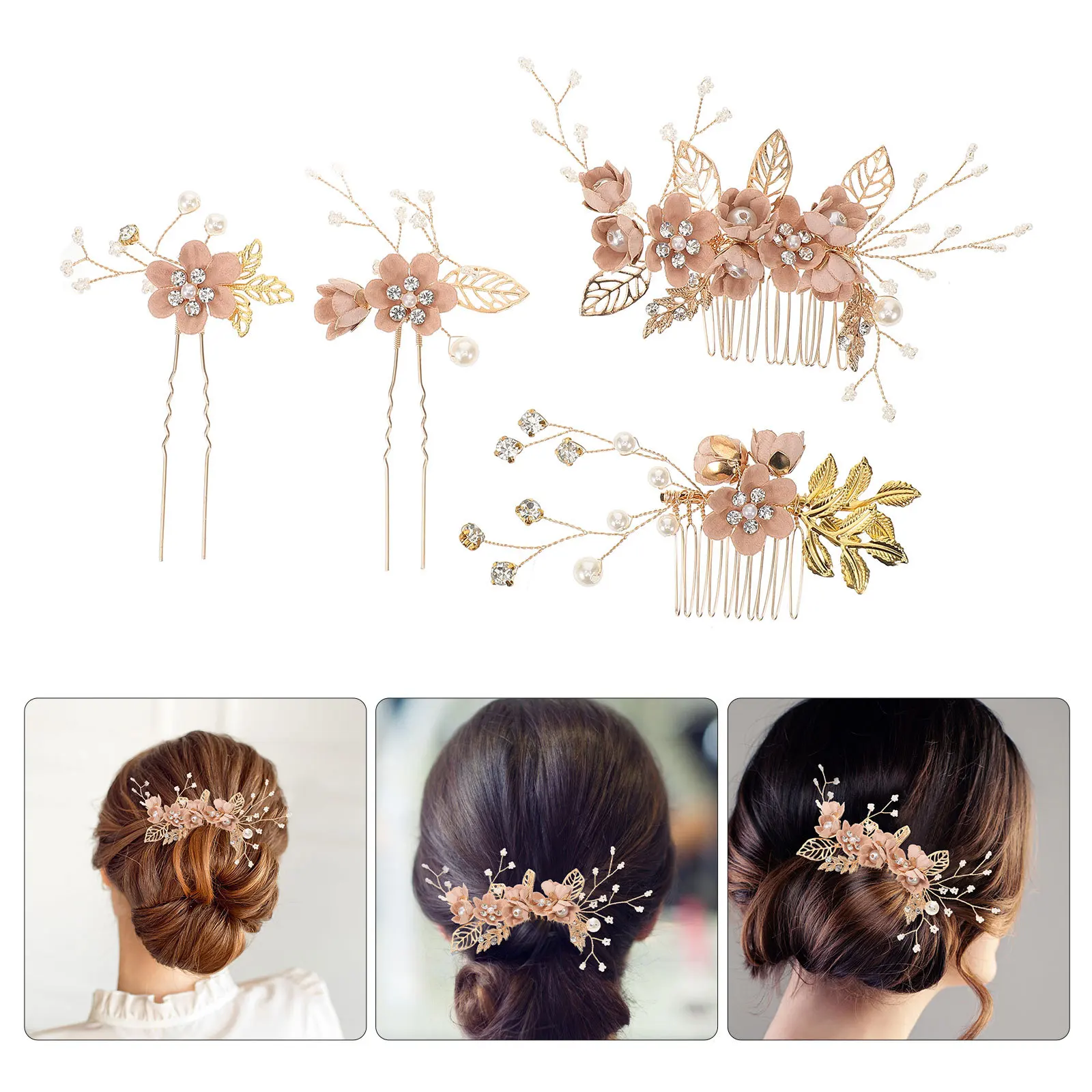 

4pcs Wedding Hair Comb Set Pink Bridal Accessories for Women Rhinestone Bride Flower Hairstyles Special Occasions