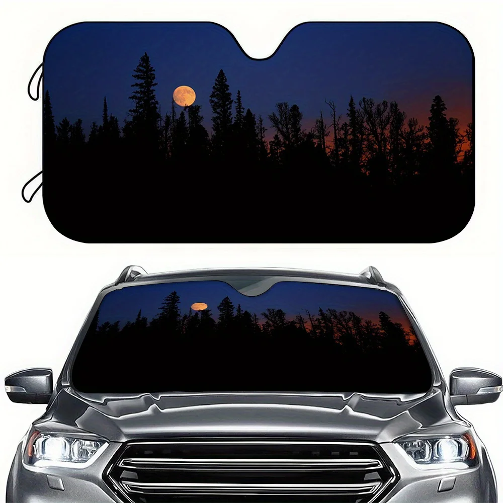 A Car Sunshade Featuring A Silhouette Of Pine Trees Under The Moonlight, Designed For The Front Windshield. It Has High-Definiti