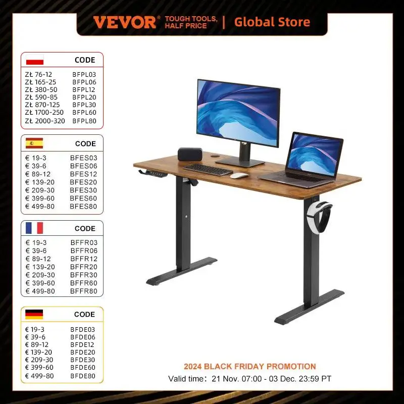 VEVOR Height Adjustable Desk,3-Key Modes Electric Standing Desk,Sturdy Dual Metal Frame, Max.Bearing 180 LBS Sit Stand up Desk