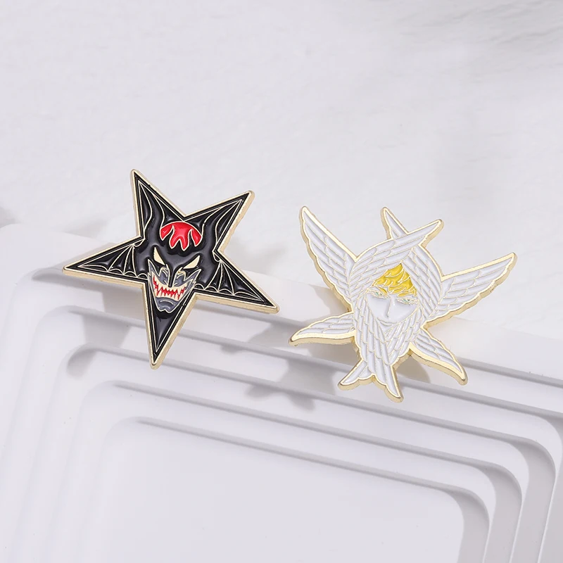 Cartoon Angel Wings Enamel Pin Black Pentagram Mysterious Devilman Evil Smile Brooches Lapel Collar Badge DIY Jewelry Fans Gift