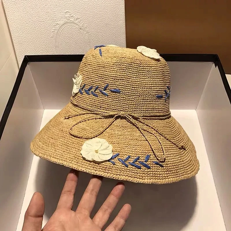 

Fashion Raffia Straw Hat Female Summer Embroidery Flowers Literary Travel Holiday Seaside Beach Hat Sun Protection Big Edge Cap