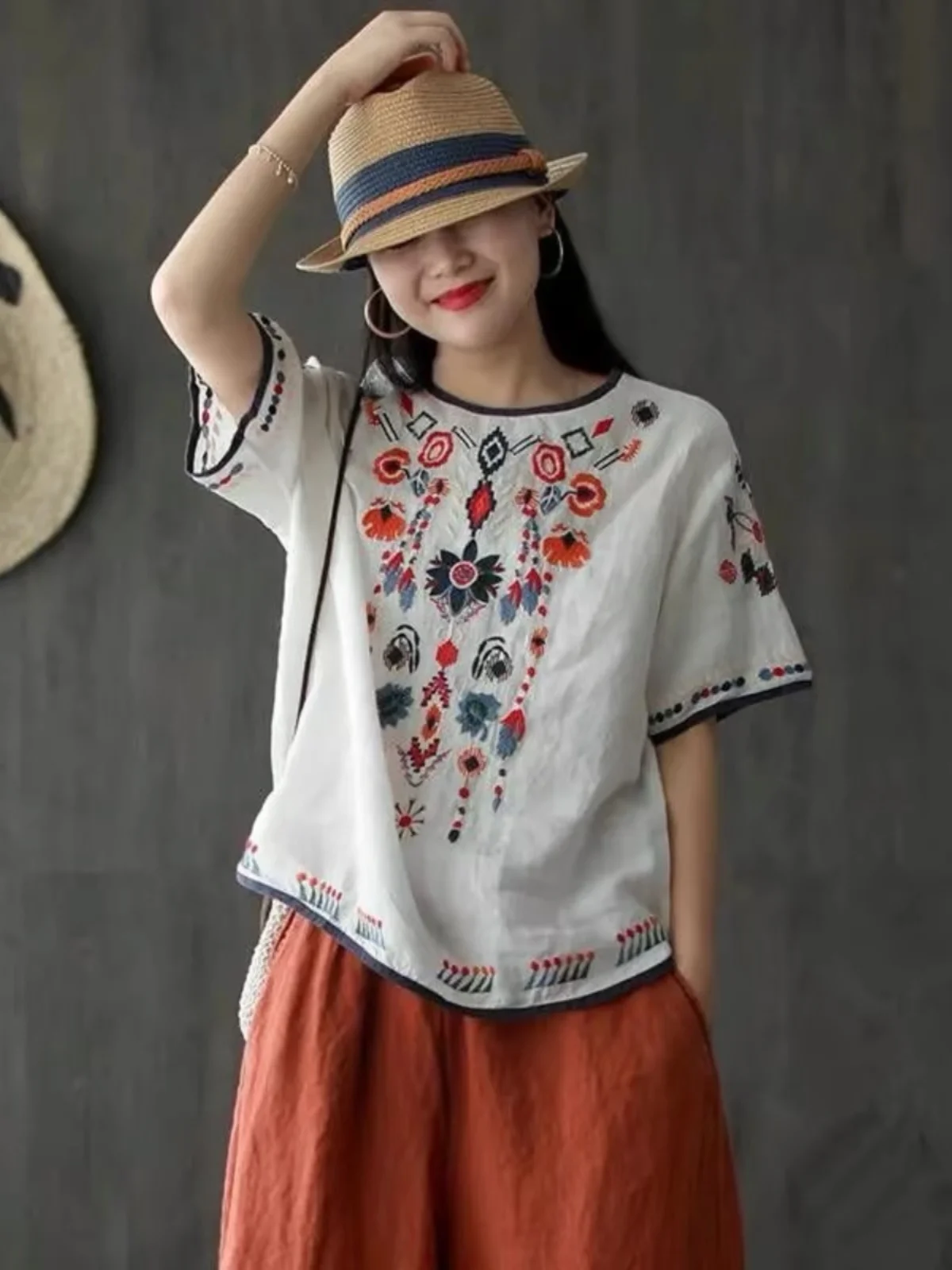 Ladies Cotton Linen Short Sleeve T-Shirt Loose Fit Base Layer Shirt Ethnic Artistic Style Summer New Arrival Retro Commute Style