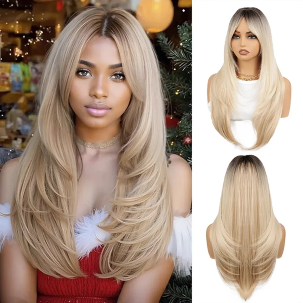 Parrucca sintetica ondulata/capelli lisci Ombre marrone dorato di alto livello, soffice e resistente al calore, adatta per le feste quotidiane delle donne