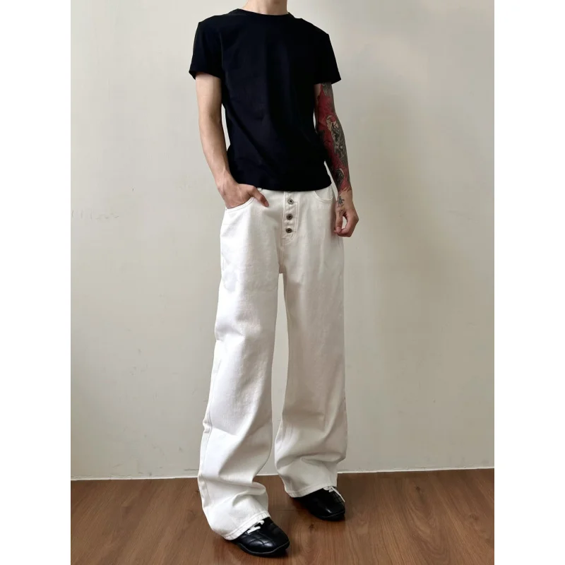 ملابس رجالية من EME باللون الأبيض الصلب بتصميم كلاسيكي بأزرار معدنية مستقيمة وفضفاضة #1