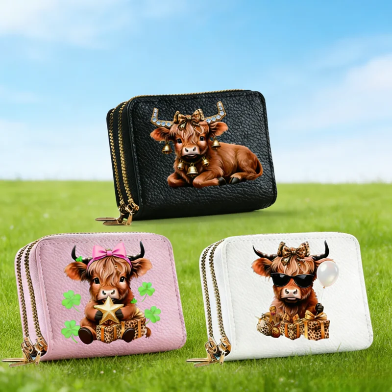 1pc Highland Cow Style Fashionable Classic Lychee Pattern Zero Wallet Organ Bag Double Zipper Multi functional Pet Dog Card Bag