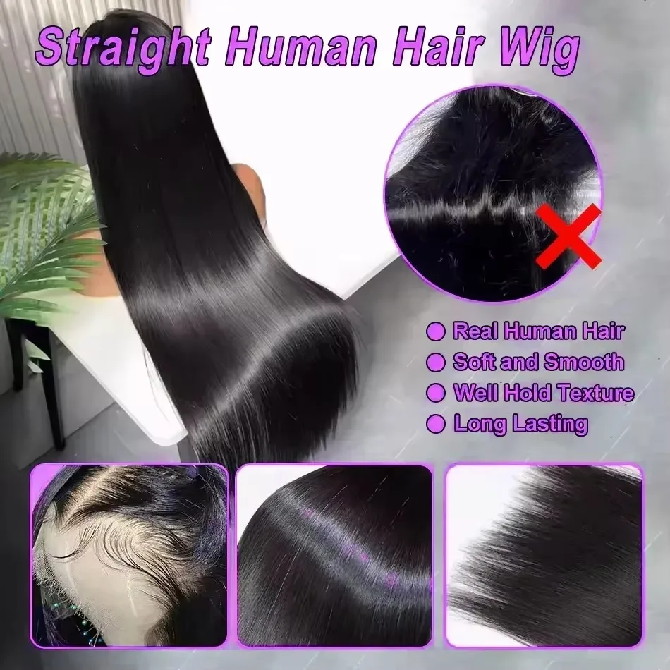 250 Density 100% Human Hair Brazilian 13x4 Bone Straight 360 HD Full Lace Front Wig 40 42 Inch 13x6 Lace Frontal Wigs Black view 2