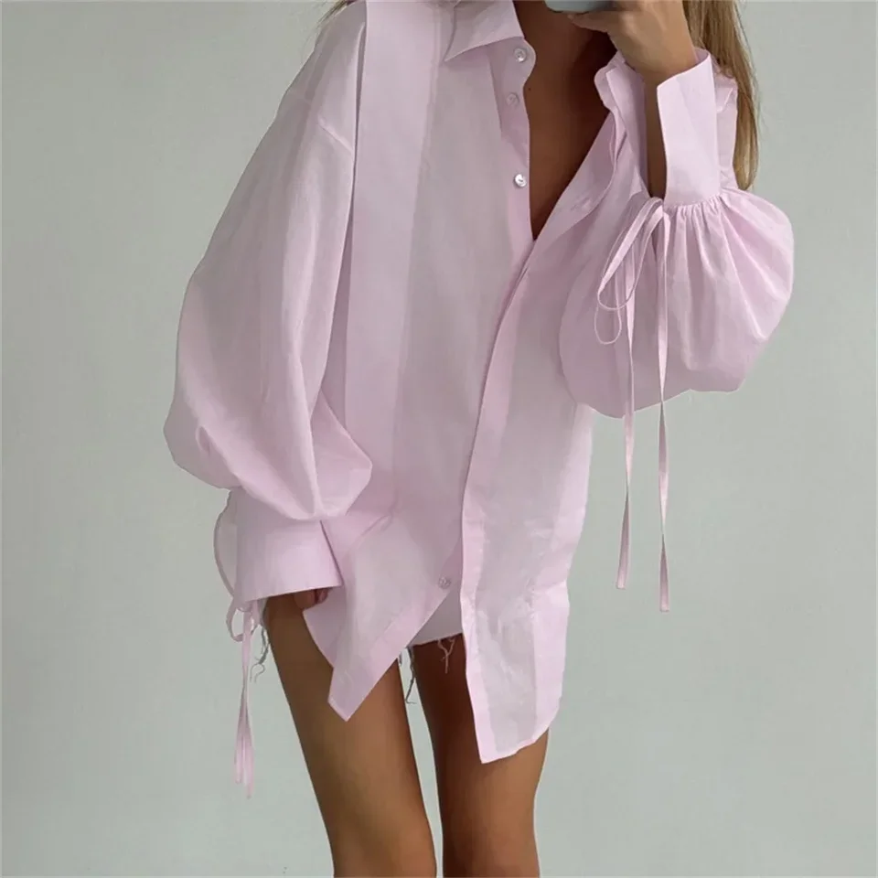 ファッションホワイトコットンシャツ女性2025夏シースルーカジュアルラペル長袖ブラウスレースアップルーズトップ女性服