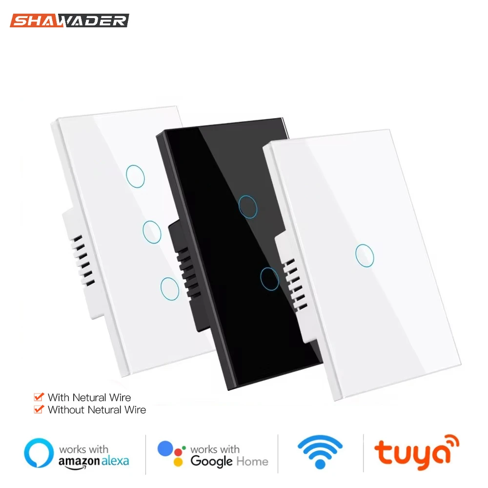 Shawader Smart WiFi Tuya.Light Switch Touch Sensor Glass Panel with/without Neutral Wire US,by Alexa Google Home 1/2/3/4 Gang