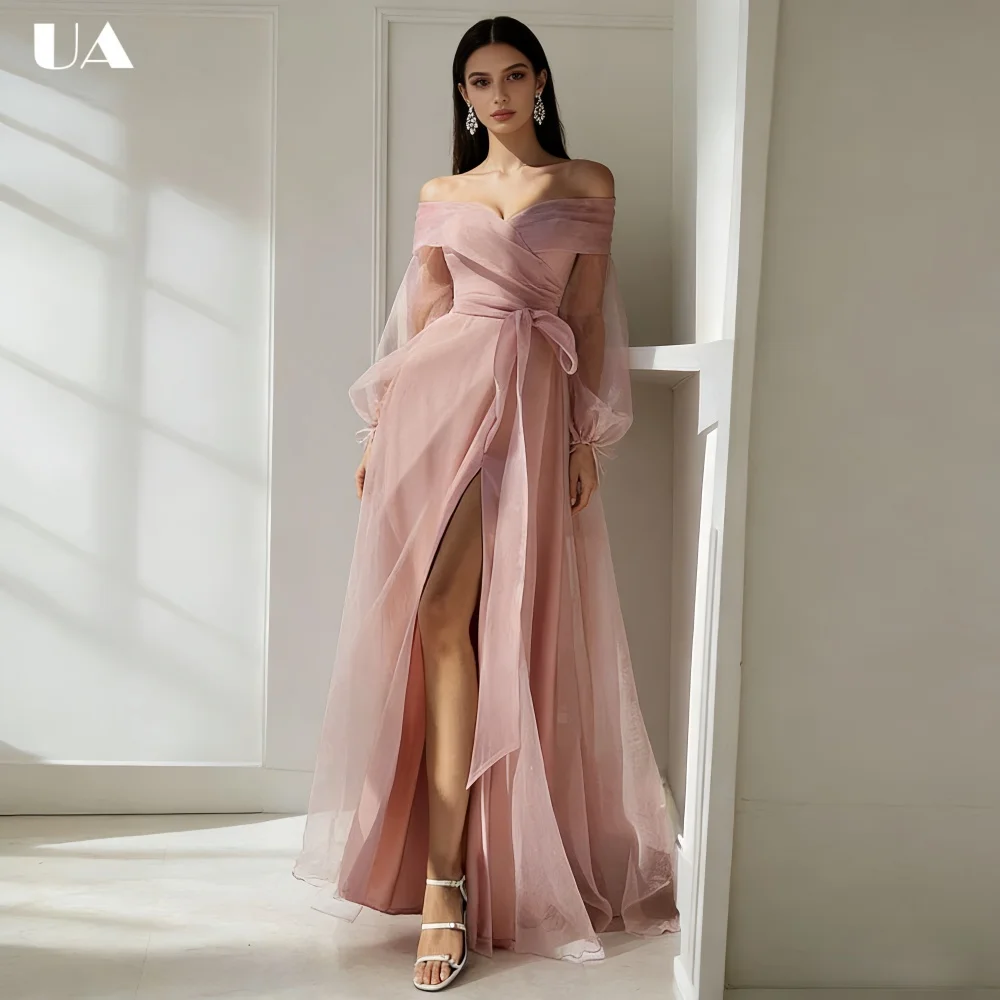 

ULBYANRY Customized Tulle A-Line Off-the-shoulder Prom Dress, Elegant Lantern Sleeve Evening Dress, Sweet Belt High-slit Dress