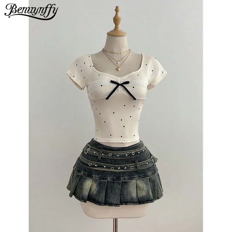 Benuynffy Sweetheart Neck Contrast Lace Polka Dot Tee Women Summer Front Bow Y2k Slim Fit Short Sleeved T-Shirts Top Streetwear