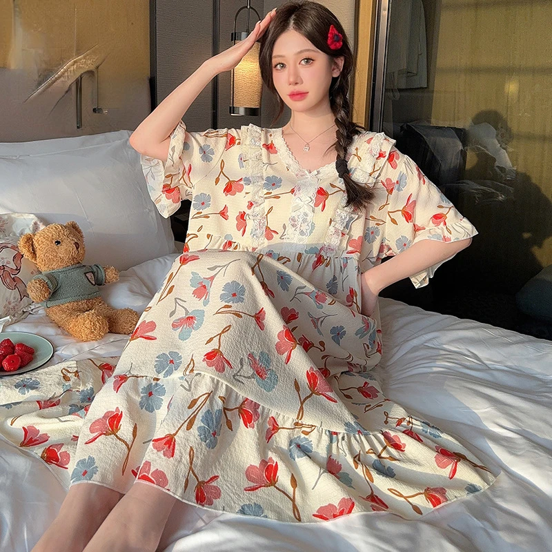 Summer Print Nightgowns Women M-6XL Sweet Ruffles Design Home Aesthetic Sleepwear Girlish Ulzzang All-match Breathable Ins Mujer