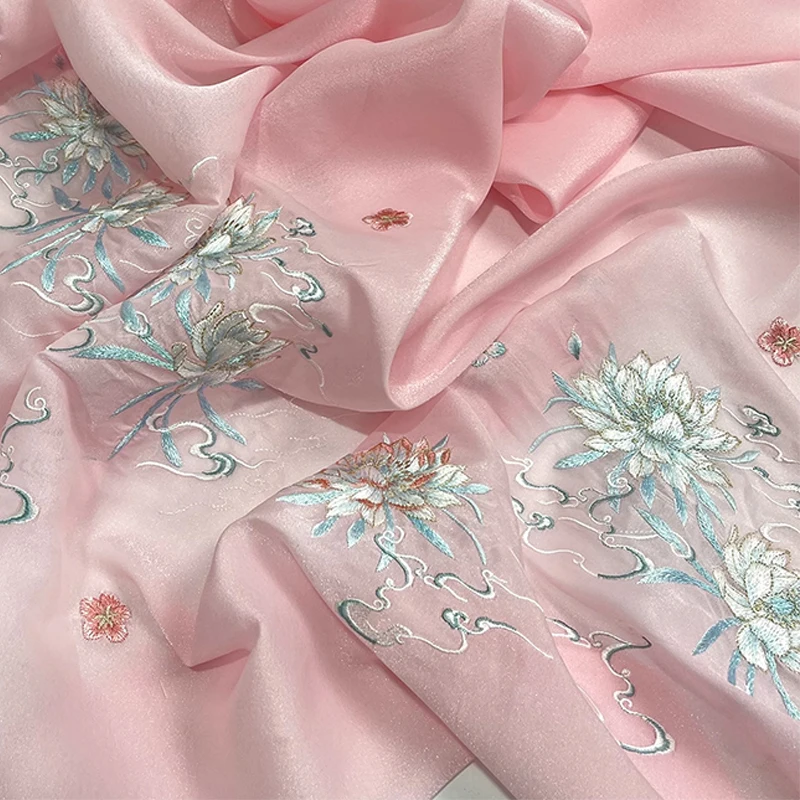 Chinese Style Designer Fabric Antique Hanfu Organza Epiphyllum Heavy Industry Embroidered Fabric For Horse Face Pleated Skirt