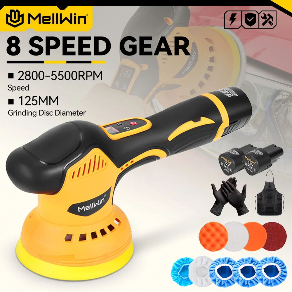 MELLWIN 5500rpm 8 Gears Digital Display Cordless Electric Car Polisher Car Polishing Waxing Sanding Machine For 12V Battery