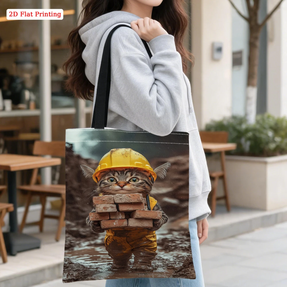 1pc Casual Shoulder Bag Multicolor Funny Cat Wearing Hard Hat Holding Bricks 2d Flat Printing Tote Bag For Daily Commute Shoppin