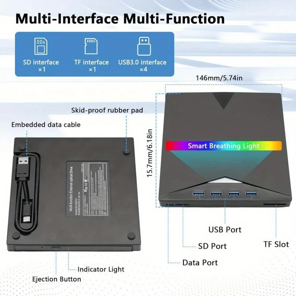 [7 v 1] externí CD/ DVD pohon pro notebook, USB 3.0 USB C externí DVD pohon, přenosné cédéčko hráč DVD pohon s SD TF drážka a 4