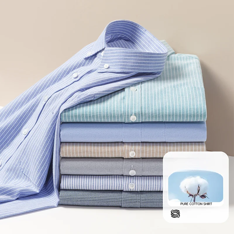 ربيع الخريف جديد القطن الخالص الرجال قميص طويل الأكمام موضة تنفس مريحة ملابس العمل غير رسمية عالية الجودة أكسفورد النسيج