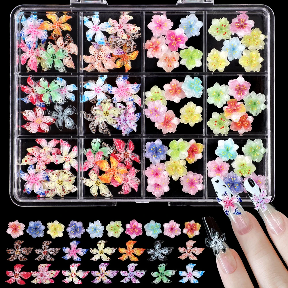 12 rejillas mixtas de lirio Sakura, coloridos dijes 3D para decoración de uñas, cristal de hielo, gradiente, estampado de leopardo, flores, decoraciones para uñas, piezas de manicura