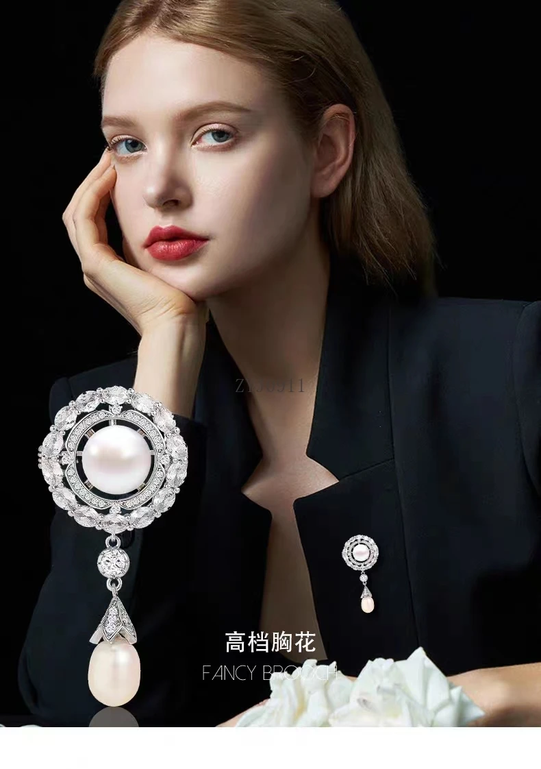 Broche de pérola de água doce de alta qualidade, roupas fixas femininas, blazer, corpete da moda