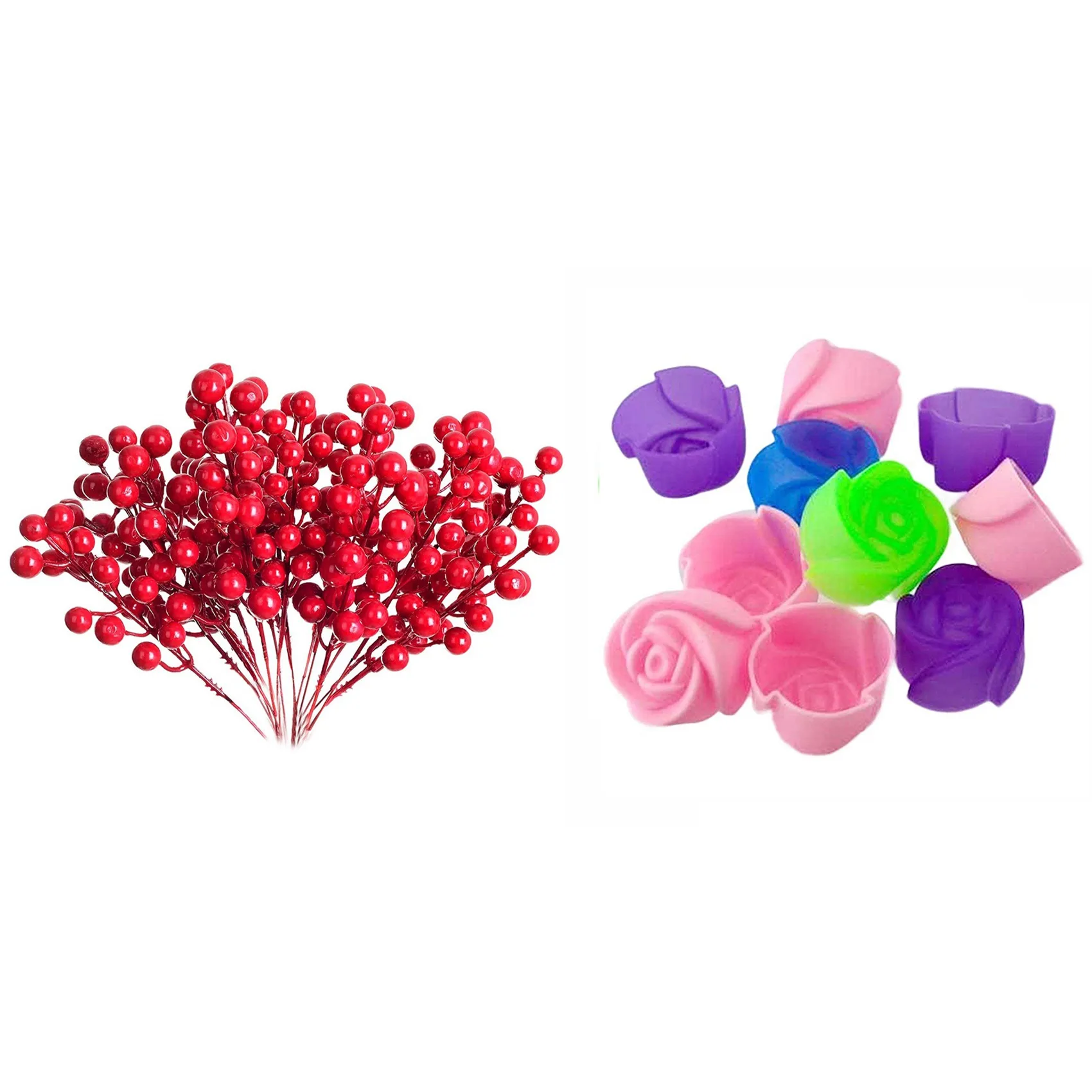 

A74U 10Pcs Cake Baking Mold Chocolate Jelly Maker Mould With 20Pcs 8 Inch Artificial Christmas Red Berries Stems