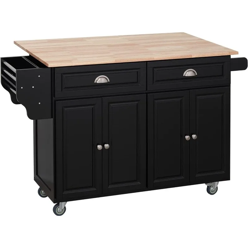 

Rolling Kitchen Island Drop Leaf, Solid Wood Top Breakfast Nook with Storage Drawers, 4-Door Cabinets and Spice Rack, Black