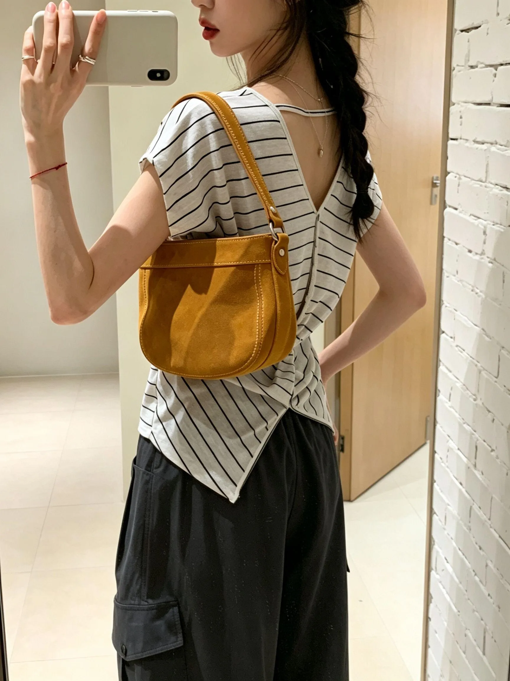 Summer Thin Women's T-shirt Back Hollow Button Stripe Short Sleeve Korean Style Chic Small Flying Sleeve Top City Walk Ladies...
