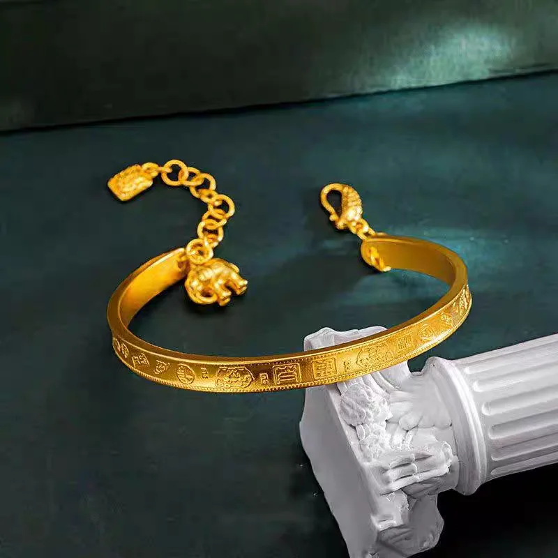 

Elephant Auspicious Open Bangle Women's 24K Gold AU999 - Lucky elephant, engraved words, adjustable open design