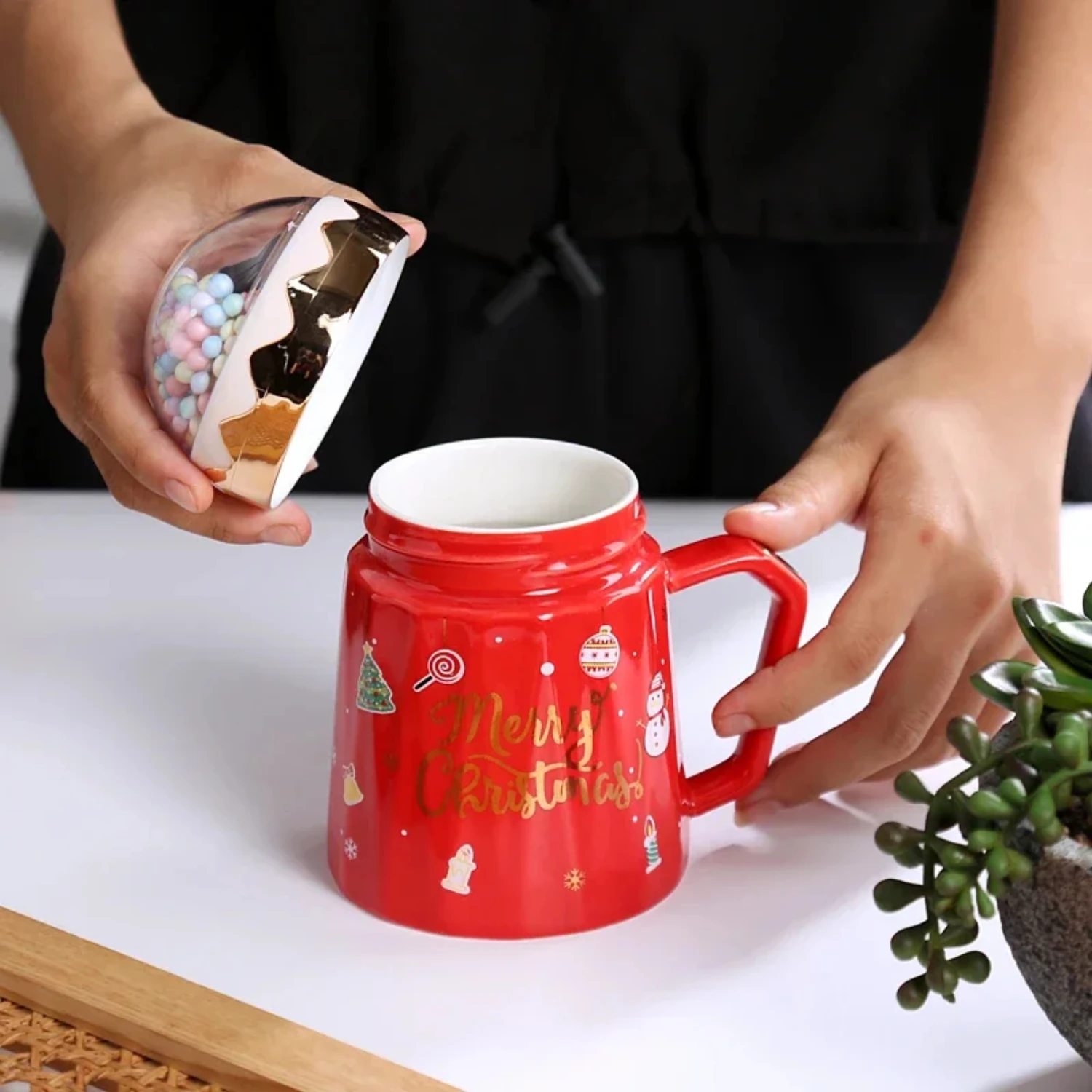 Tasses de noël avec couvercle et cuillère du père noël, tasse en céramique planète, cadeau de noël, tasse à café, tasse à lait, bureau à boire