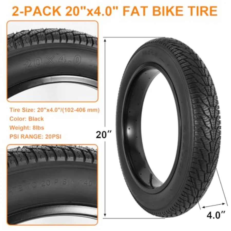 2-Pack 20x4.0 Fat Bike Tire, 20 Inch Mountain Bike Tires and Tubes Set, Folding Replacement Bicycle Tires with Tire Levers for