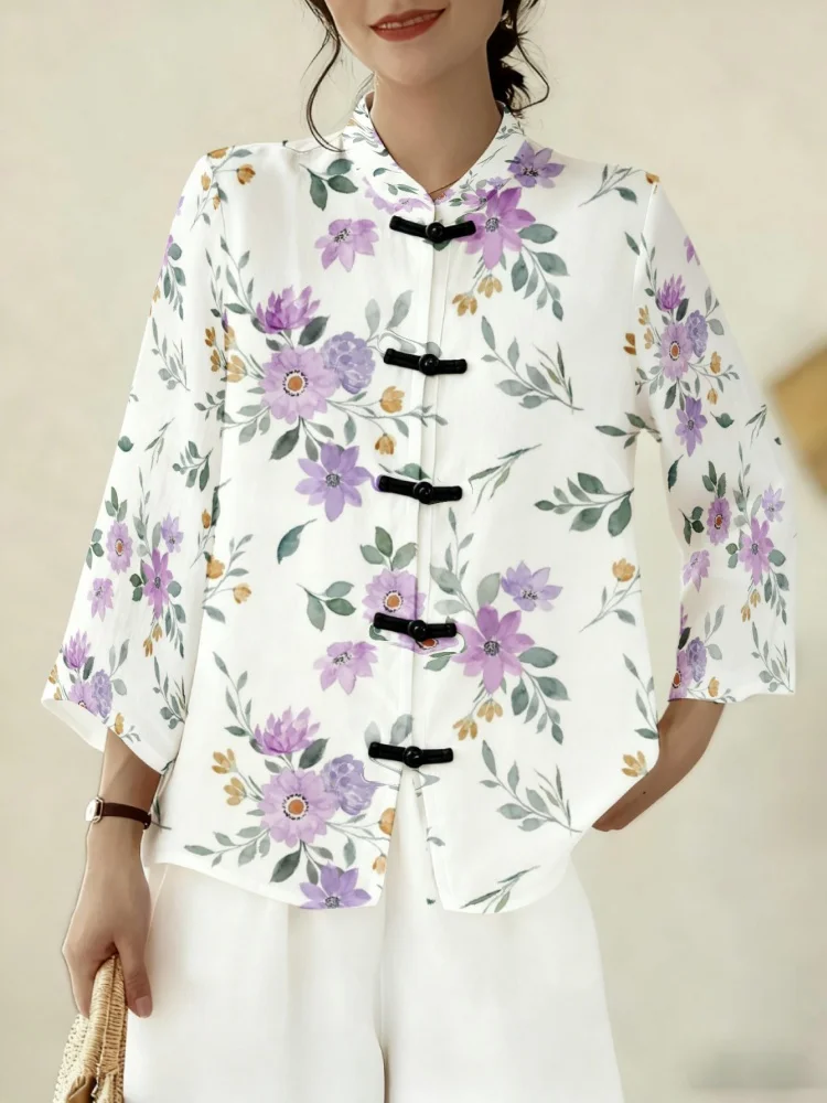 Blusa de estilo chino para mujer, elegante, con estampado floral, cuello mandarín, botones de rana, manga 3/4, blusas tradicionales, ropa de talla grande