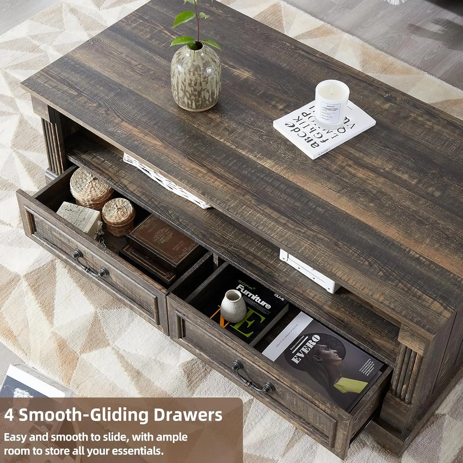 48'' Wood Coffee Table For Living Room, Farmhouse Coffee Table With Storage, Rustic Center Table For Living Room With 4