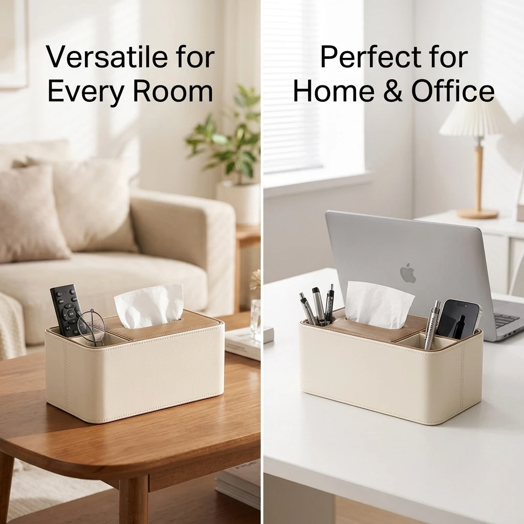 Tissue Box Holder with Remote Control Organizer, PU Leather Nordic Geometric Facial Tissue Dispenser for Living Room Car