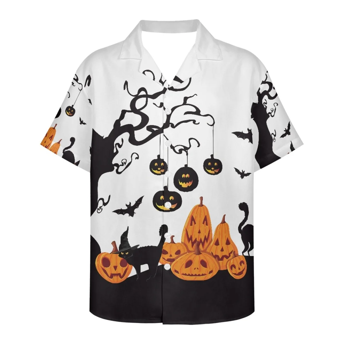 Hycool NEW Casual Festive Collection Halloween Skull, Cat & Spider Pumpkin Print Men's Lapel Short Sleeve Hawaiian Shirt