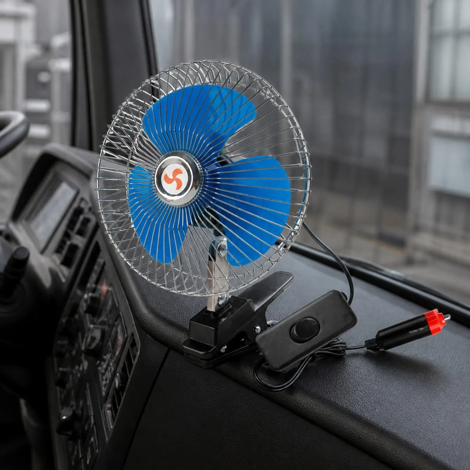 Vehicle Interior Cooling Fan with Blue Fins and Metal Guard for Passenger Comfort on Road Trips