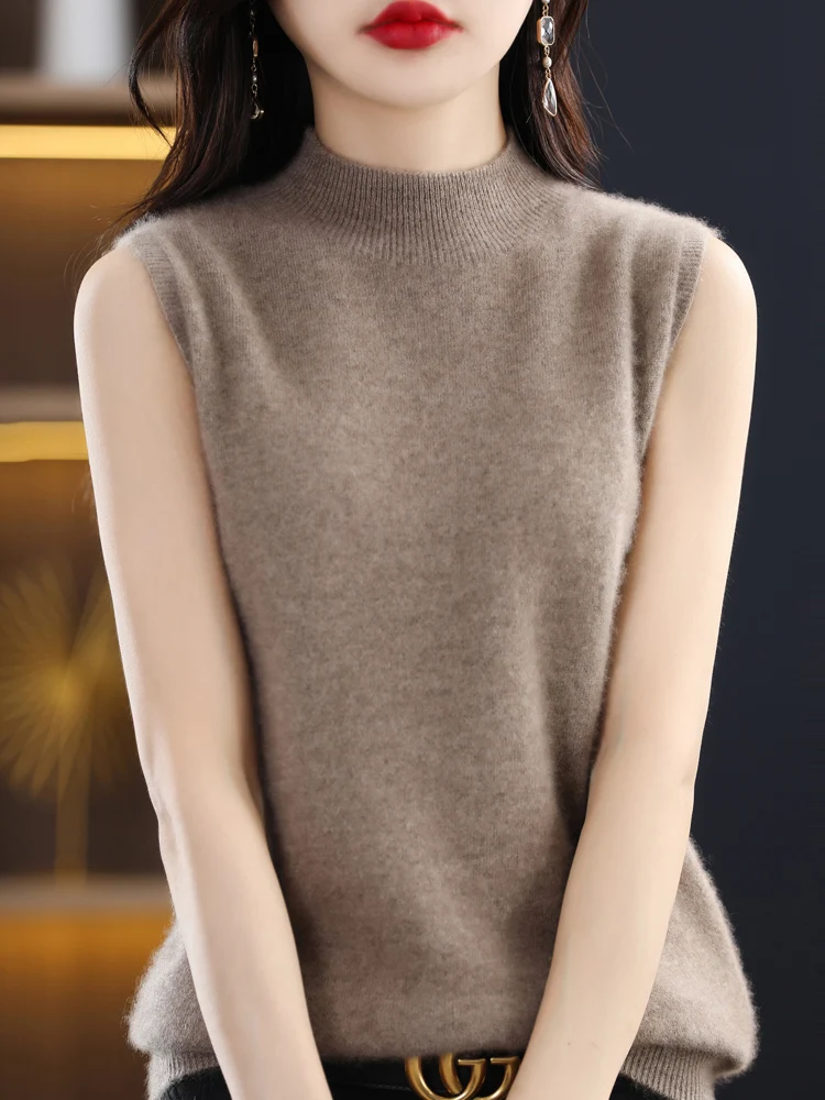 Mock Neck Women Cashmere Sweater 100% Merino Wool Knitted Comfortable Sleeveless Pullover Temperament Top 2024  Fashion Spring