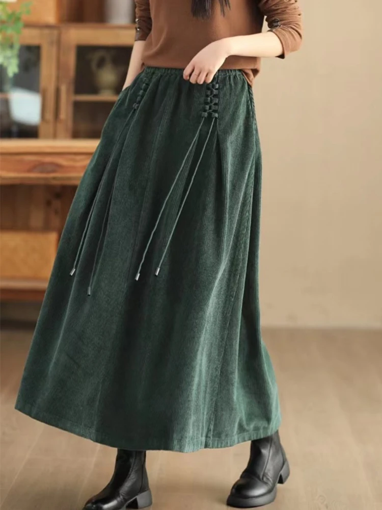 

Вельветовая юбка-миди трапециевидной формы с кисточками в стиле ретро, женская эластичная утягивающая драпированная полоска с высокой талией, бархатная осенняя сезонная одежда для поездок на работу