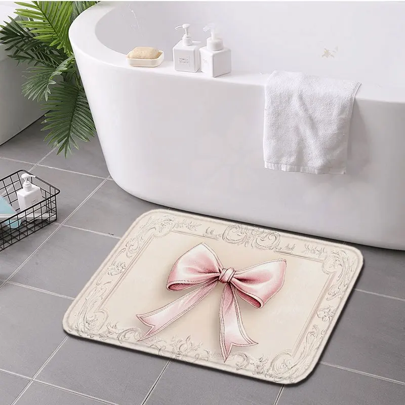 

1pc Pink Bow Non-Slip Doormat - Elegant Floral Frame Design, Perfect for Bathroom, Living Room, Bedroom, Kitchen & Office Decor