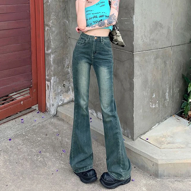 Women High Waist Flared Jeans Vintage Washed Gradient Denim Pants Slim Fit Casual Streetwear Trousers