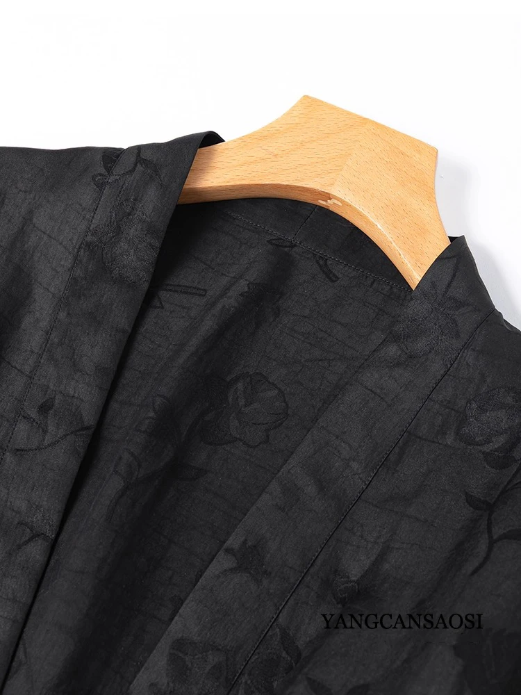 Women's Autumn New 100%Natural Mulberry Silk Jacquard Turtle Crack Fragrant Cloud Yarn Black Three-quarters Sleeve Cardigan Coat