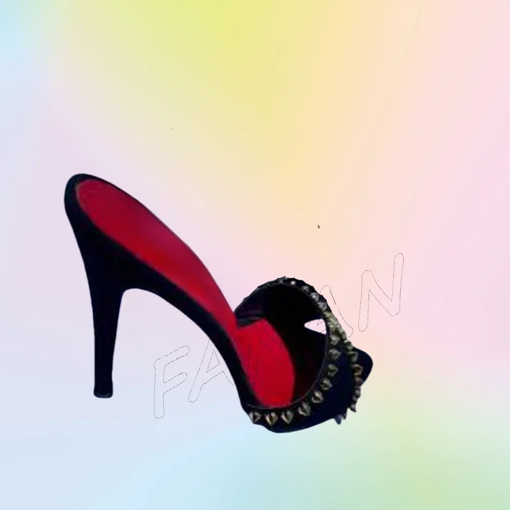 Black Rivet Decor Slippers Slip on Red Sole Pointed Toe Thin Heels Shoes High Heel Shoes for Women 2025 Zapatos Para Mujere