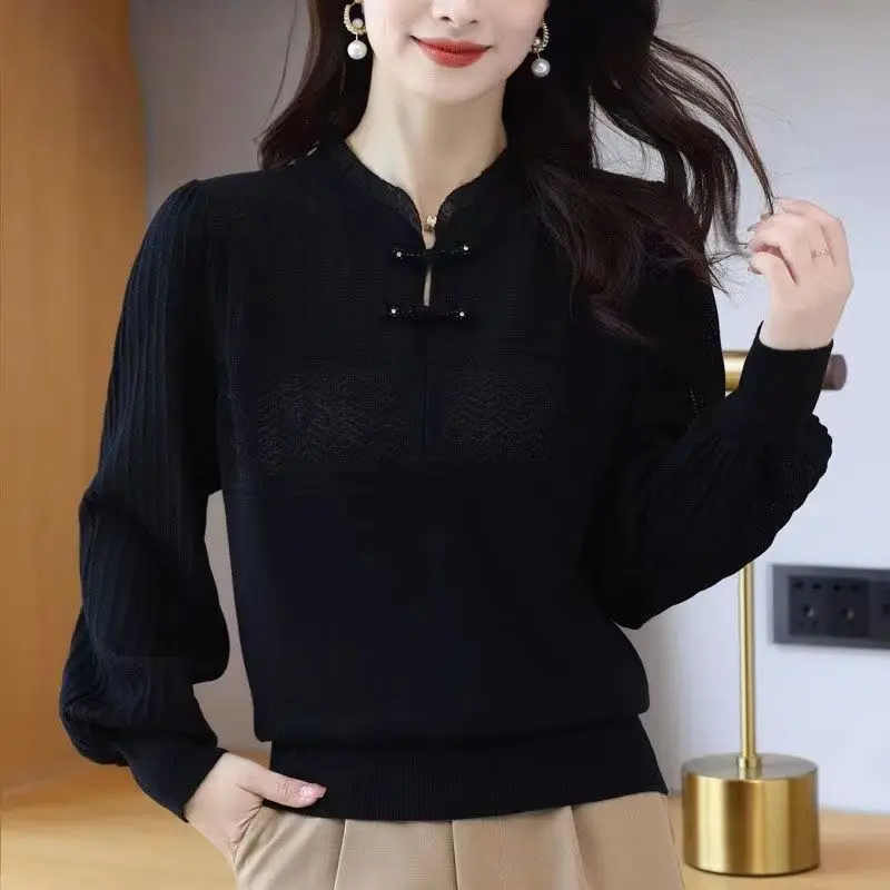 2023 Autumn and Winter Women\'s New Qipao Collar Sweater Temperament Round Neck Knitwear Retro Western Style Knitwear Top