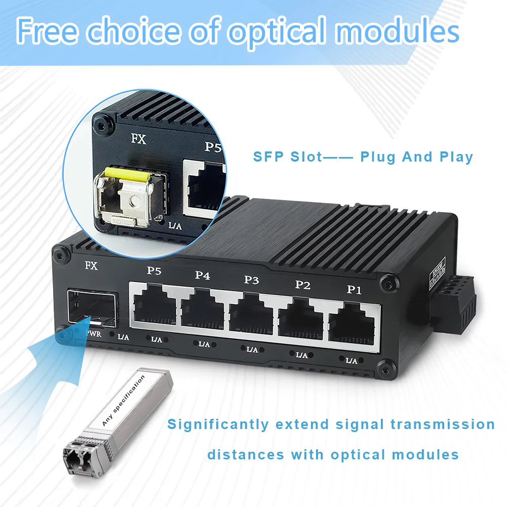 Mini Industrial SFP1 Optical 5Electrical30W,60W,90W (PoE) Gigabit Switch, 10/100/1000Mbps Optical Fiber Switch 9-56VDC