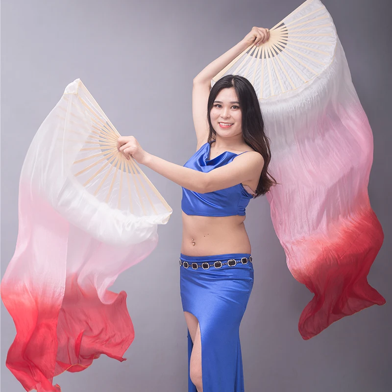 Hot Selling Kid and Women Belly Dancing Fan 1 Pair Gradient Color Dancer Practice Long Real Silk Fan 150/180x90cm Real Silk Fans