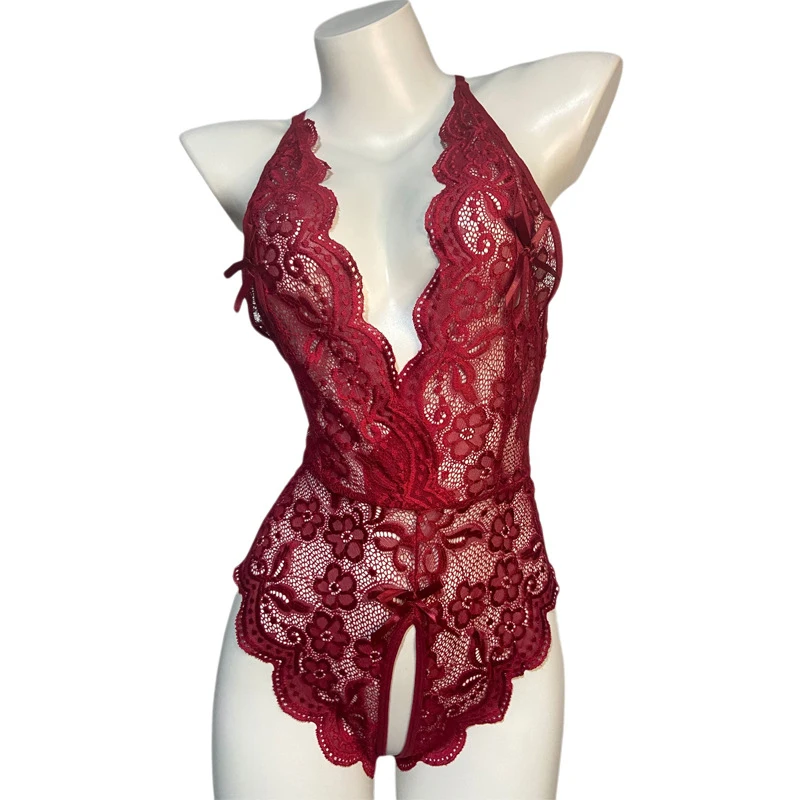 2024 Hot Red Sexy Crotchless Bra Set Lingerie Nightwear Lace Hollow Bras Sets Deep V Open Babydoll Underwea Romantic Nightgown