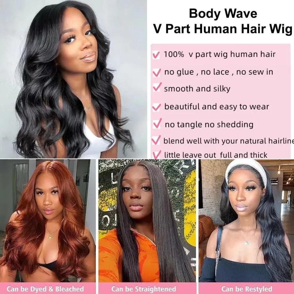 الخامس جزء الباروكات البرازيلي الجسم موجة خصلات الشعر المستعار الإنسان لا ترك لا خياطة غلويليس 250 الكثافة شعر بشري أسود طبيعي 100% للنساء