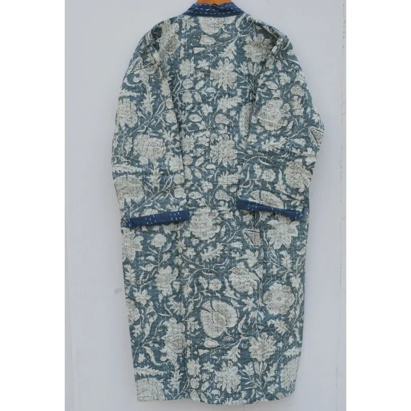 Hand Block Printed Kantha Kimono Coat Women Sleepwear Soft Cotton Jacket