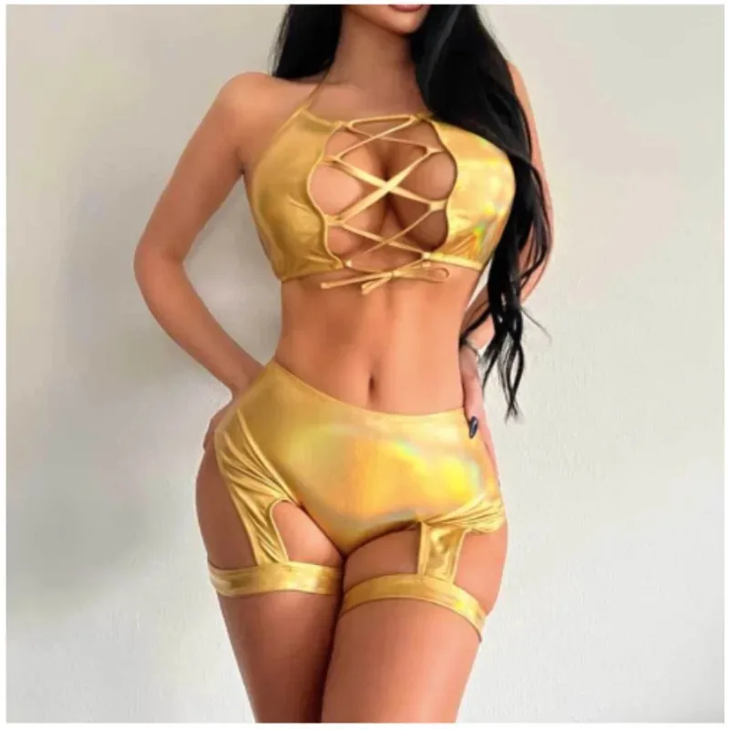 

Metallic Two Piece Set Pole Dance Clothes Women Bra Shorts Nightclub Performance Wear Sexy Lingerie Festival Party Wear New