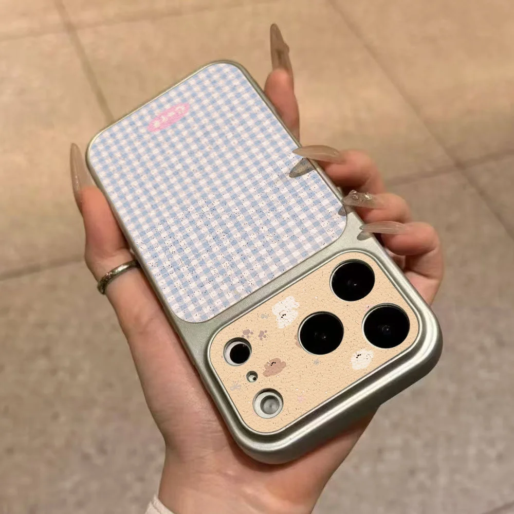 Blue And White Chequered Puppy Faux Lychee‑leather Case For iPhone 18 Pro 17 Pro Max 16 15 Pro 14 13 12 11 Cover With Lanyard view 3