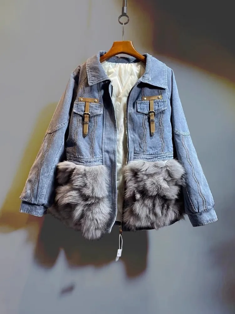 Inverno nuovo addensato parka di pelliccia antivento donne piumino grande collo di pelliccia di volpe cappotto di pelliccia reale giacca di jeans