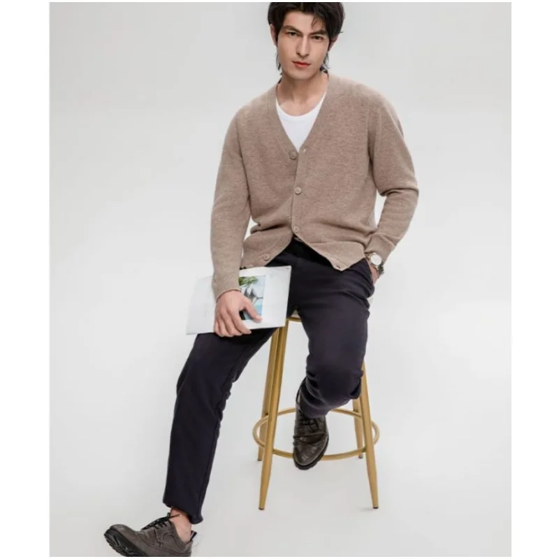 High End 100% Wool Men's Knitted Sweater Spring  Autumn Casual Solid V-neck Cardigan High-quality Machine washable Men's Jacket