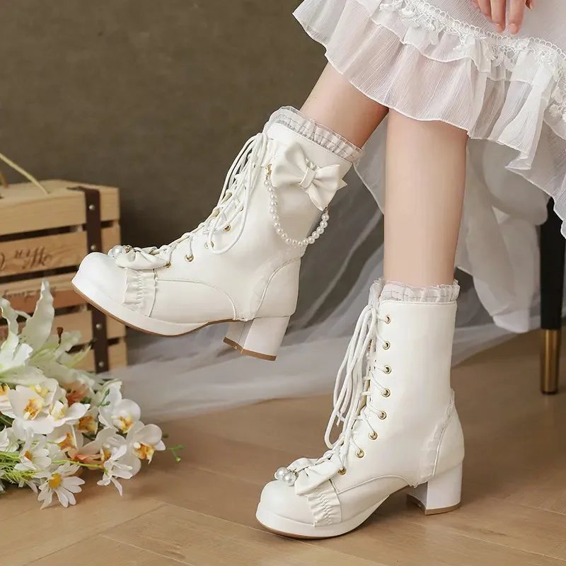 Ruffles Vintage Lolita Women Wedding Boots Chunky Block Square High Heels Thick Platform Gothic Shoes Black White Pink Lace Up